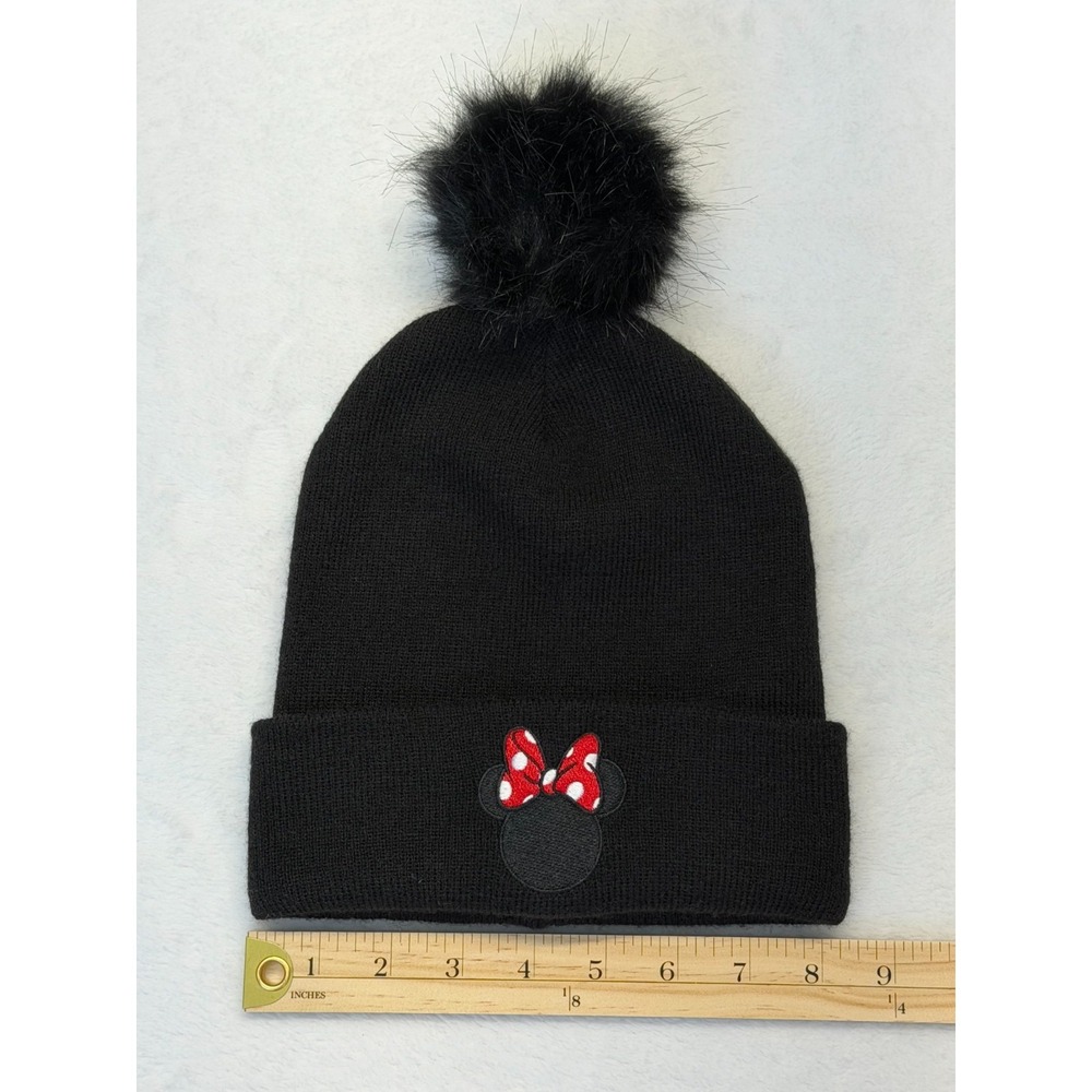 Minnie Mouse Fur Pom Knit Black Beanie Red Polka Dot Bow Embroidered Disney - Picture 3 of 6